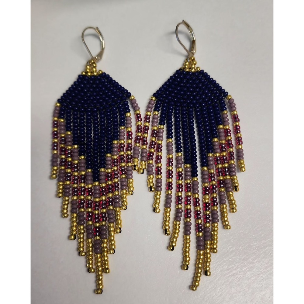 Navy Gold Seed Bead Fringe Earrings Handcrafted Boho Drop.